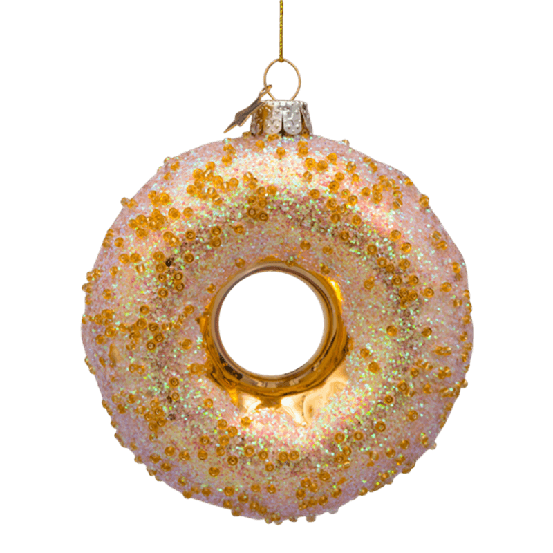 Ornament glass gold donut w/gold glitter and sequins H10cm