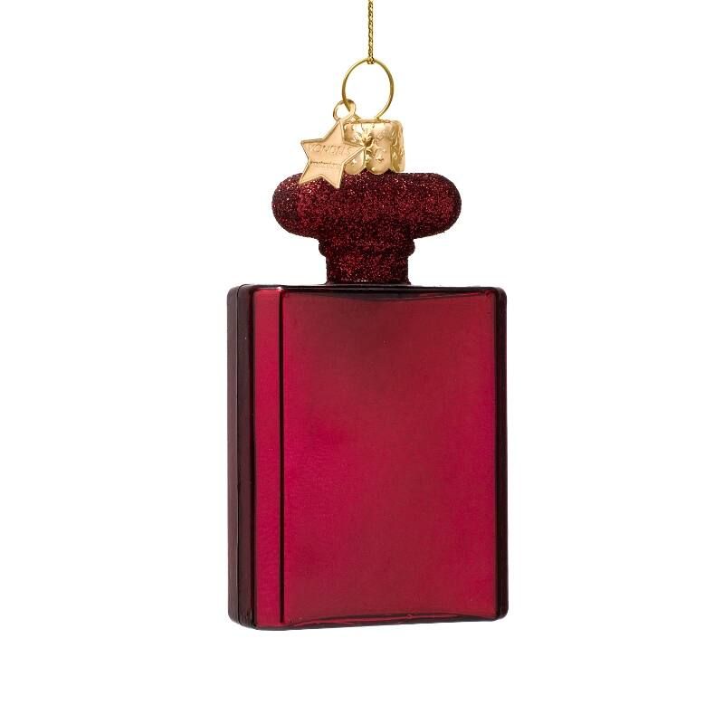 Ornament glass burgundy perfume w/glitters H10cm